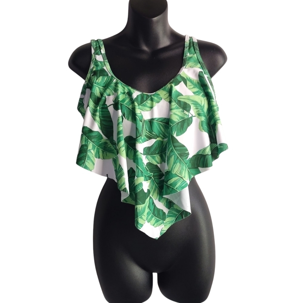 Coskaka Women's Green White Leaves Print Bikini Swim Suit Top Size M NWT